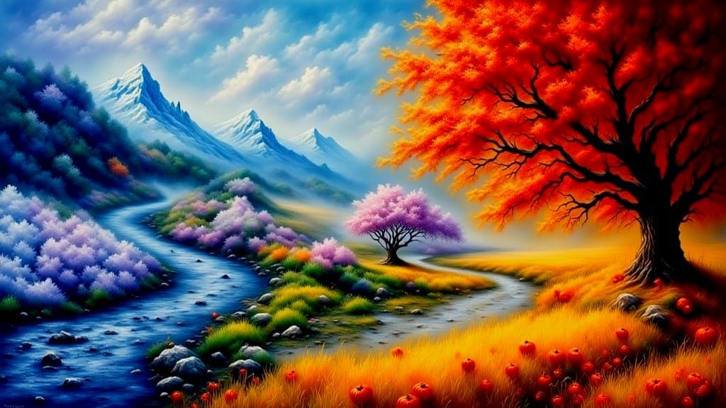 Winter to Autumn River Landscape in Vibrant Colors