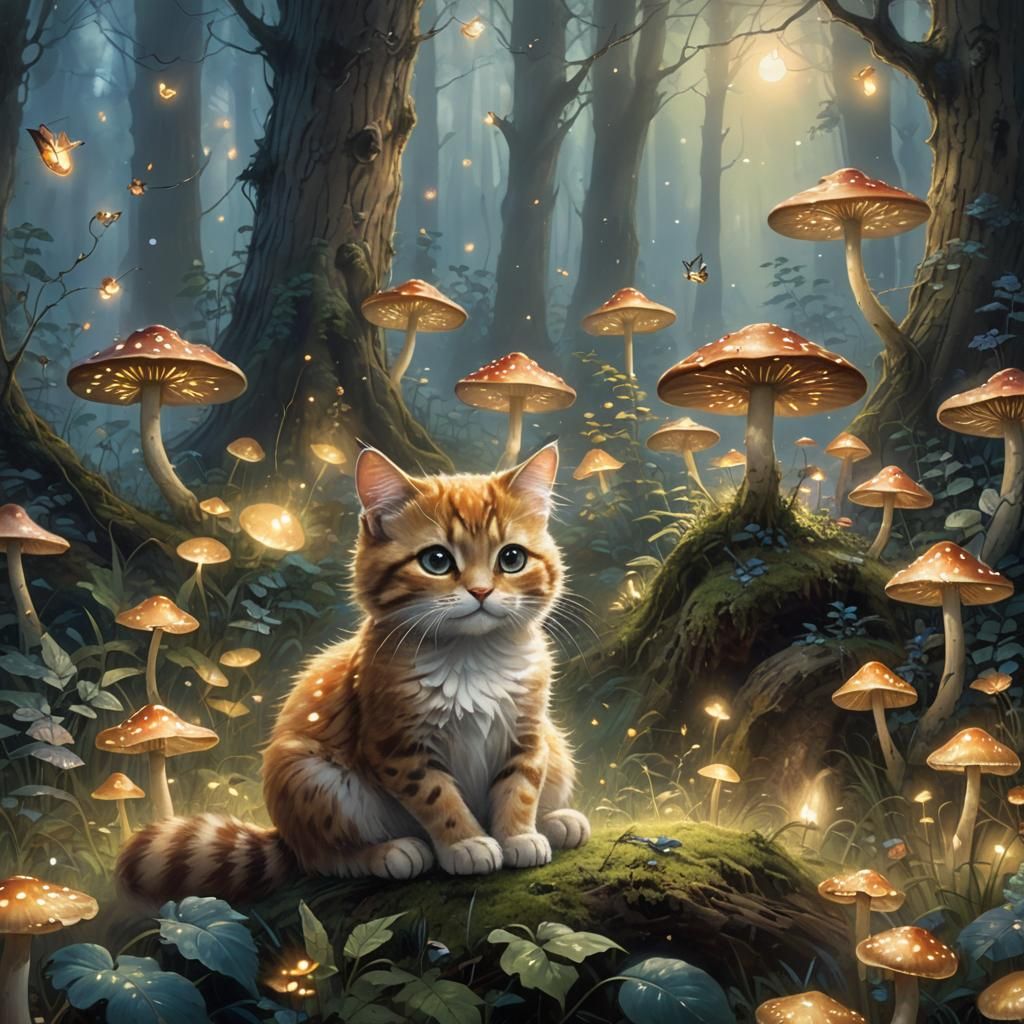 Ethereal Cat in Foggy Forest, Kinkade Style