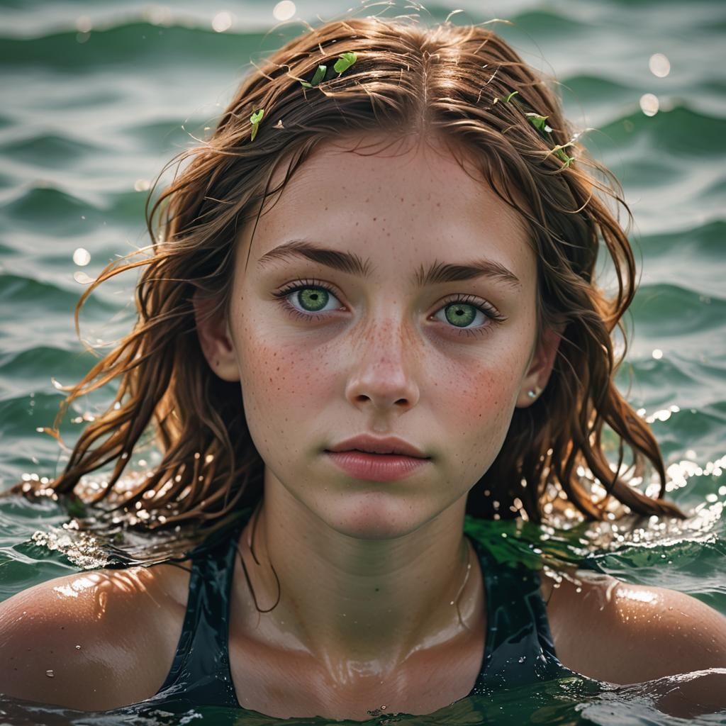 Ultrarealistic Young Girl Swimming in Ocean