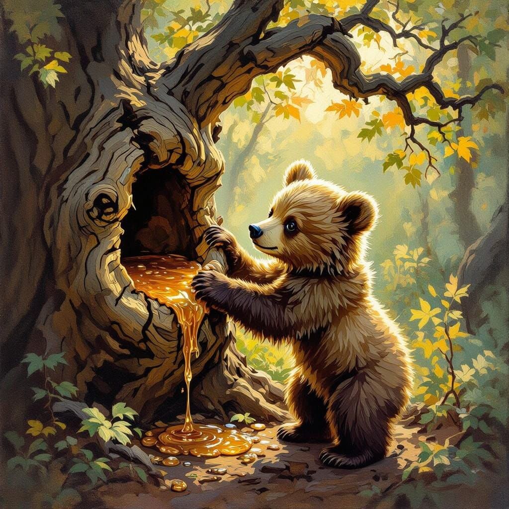 Expressive Brown Bear Cub in Ancient Oak Tree