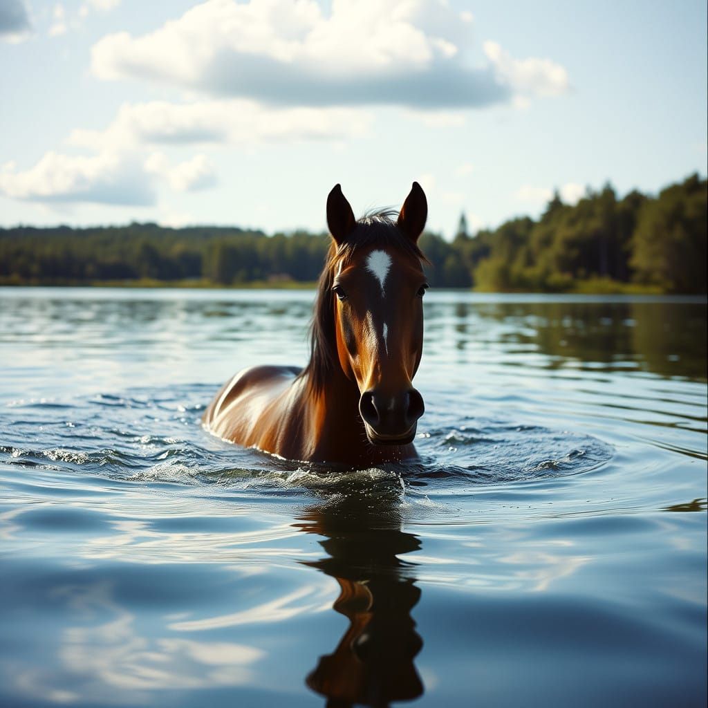 Ethereal Equine Moment: Horse Glides Across Serene Lake Wate...