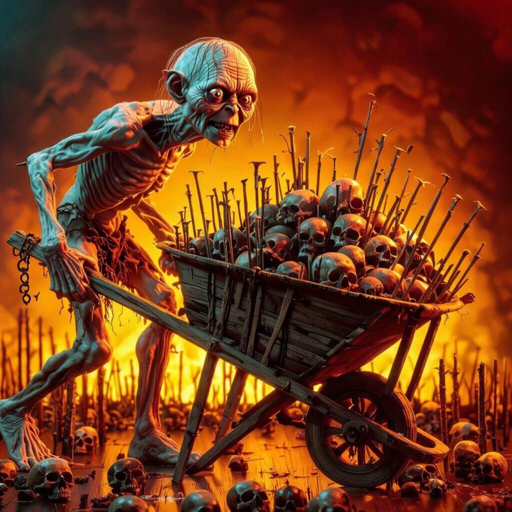 Gollum Pushing Wheelbarrow of Skulls in Surreal Flame Landsc...
