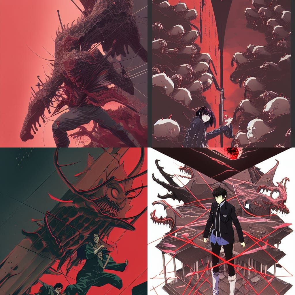 Hero Surrounded by Vampires in Horror Anime Style