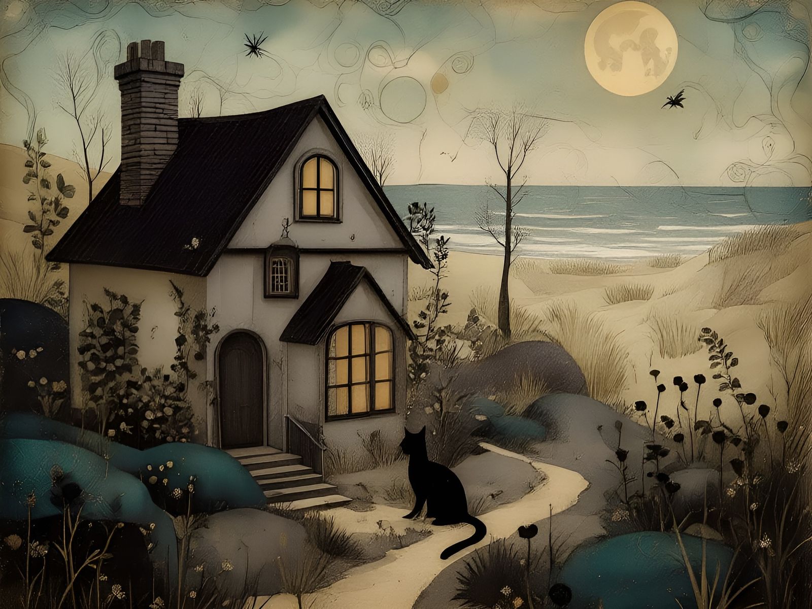 Cozy Seaside Goth Cottage with Black Cat