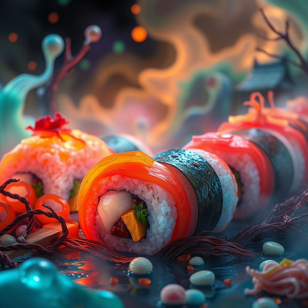 Glowing Sushi Rolls in Dreamlike Fantasy Art