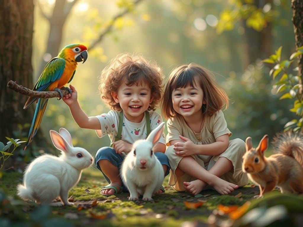 Whimsical Children Play with Forest Creatures in Photorealis...