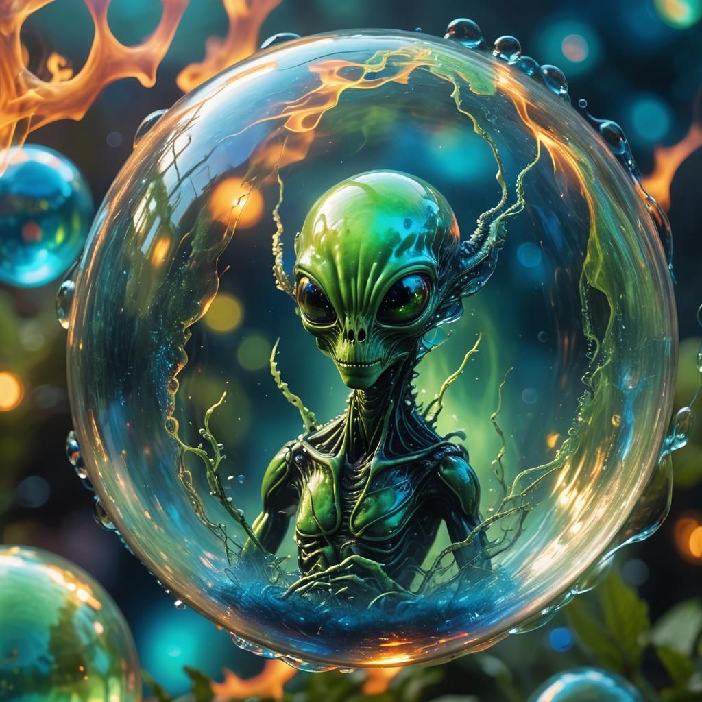 Surreal Alien in Bubble with Fire Background