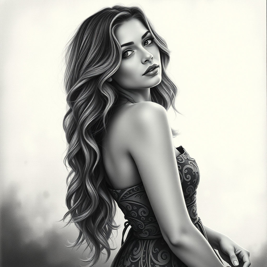 Monochromatic Portrait of Contemplative Woman in Art Nouveau...