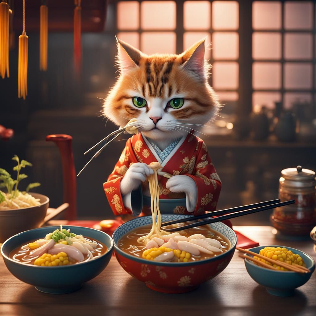 Japanese Cat Eating Ramen, Detailed Matte Painting