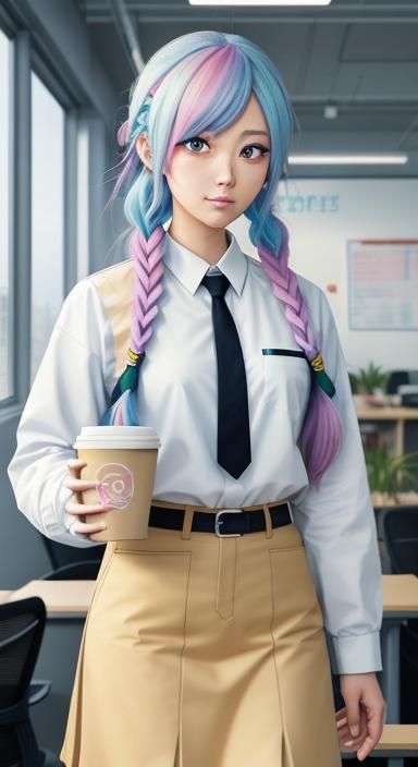 Anime Girl in Office with Braided Hair