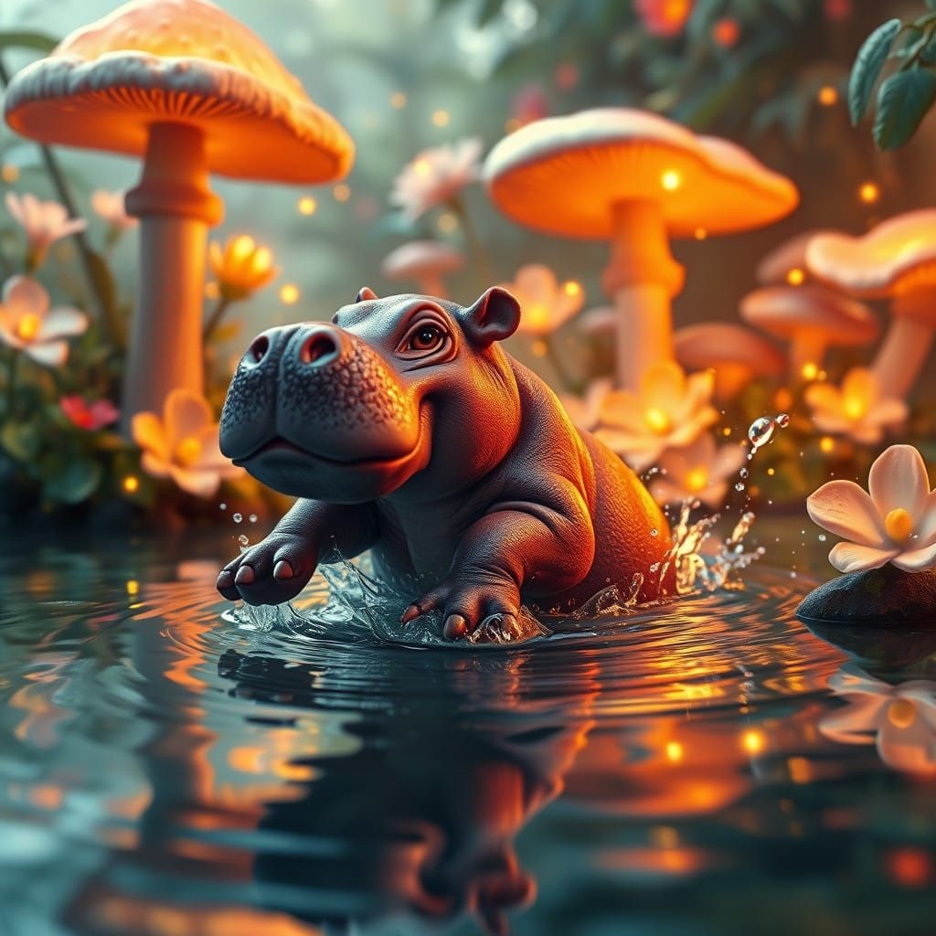 Whimsical Hippo in Dreamlike Landscape