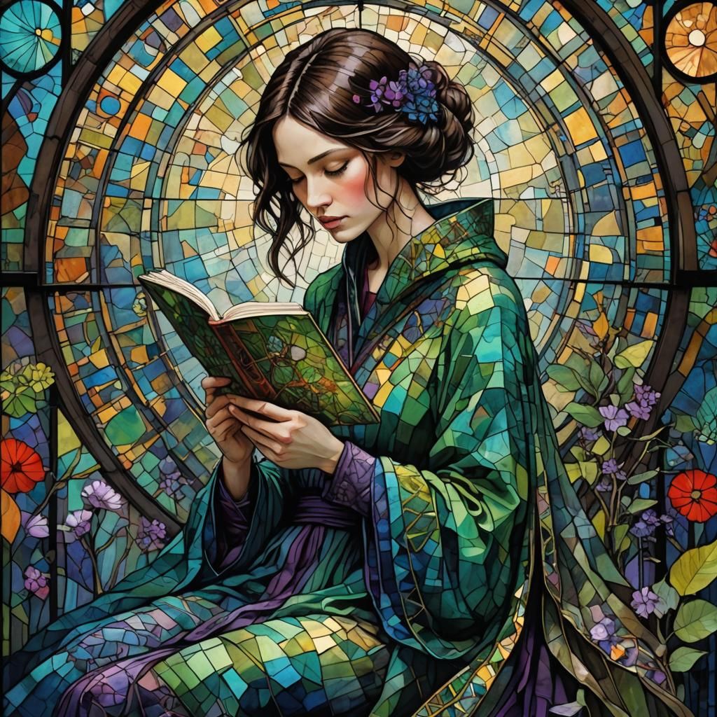 Woman Reading in Art Brut Stained Glass Style