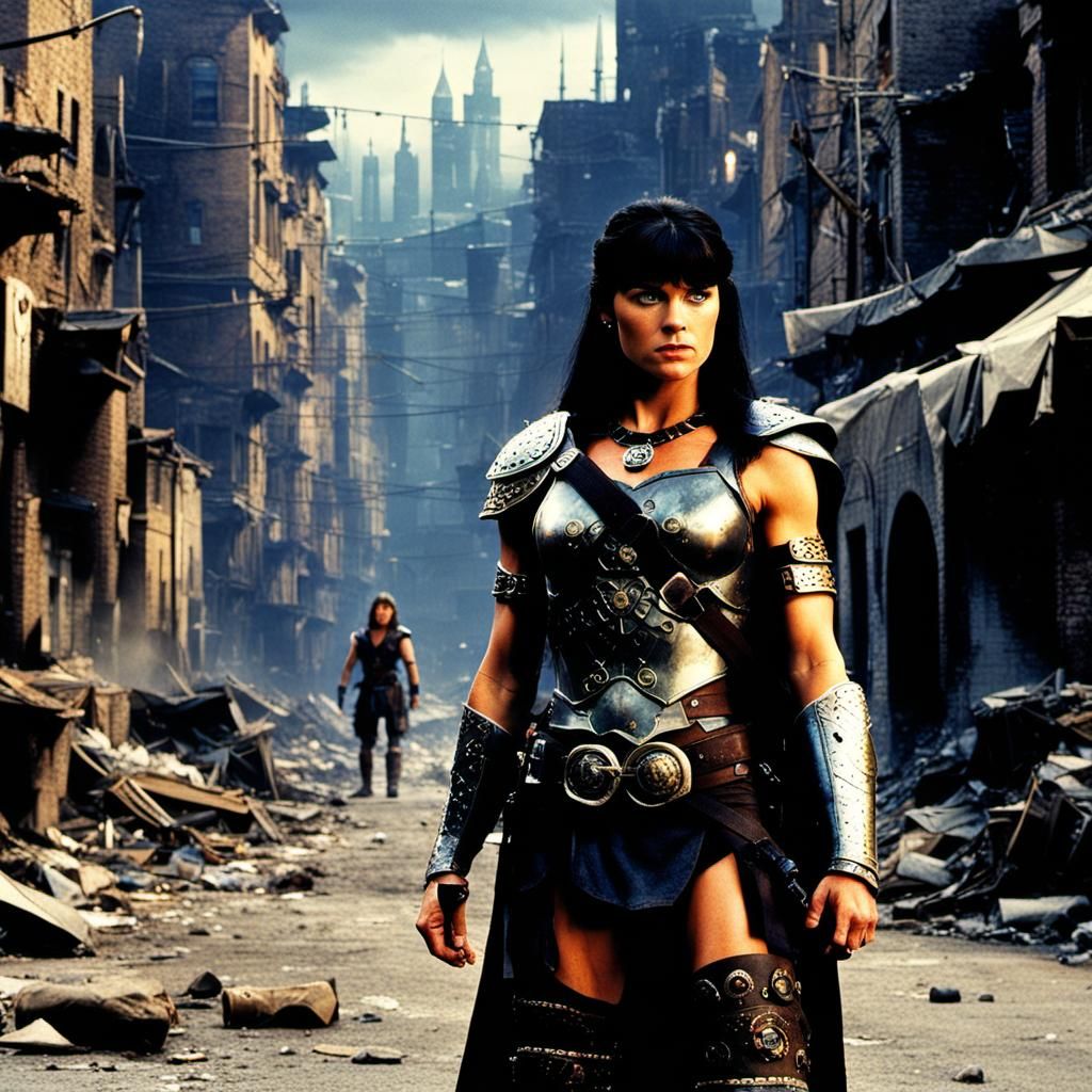 Warrior Princess in Dystopian Cityscape