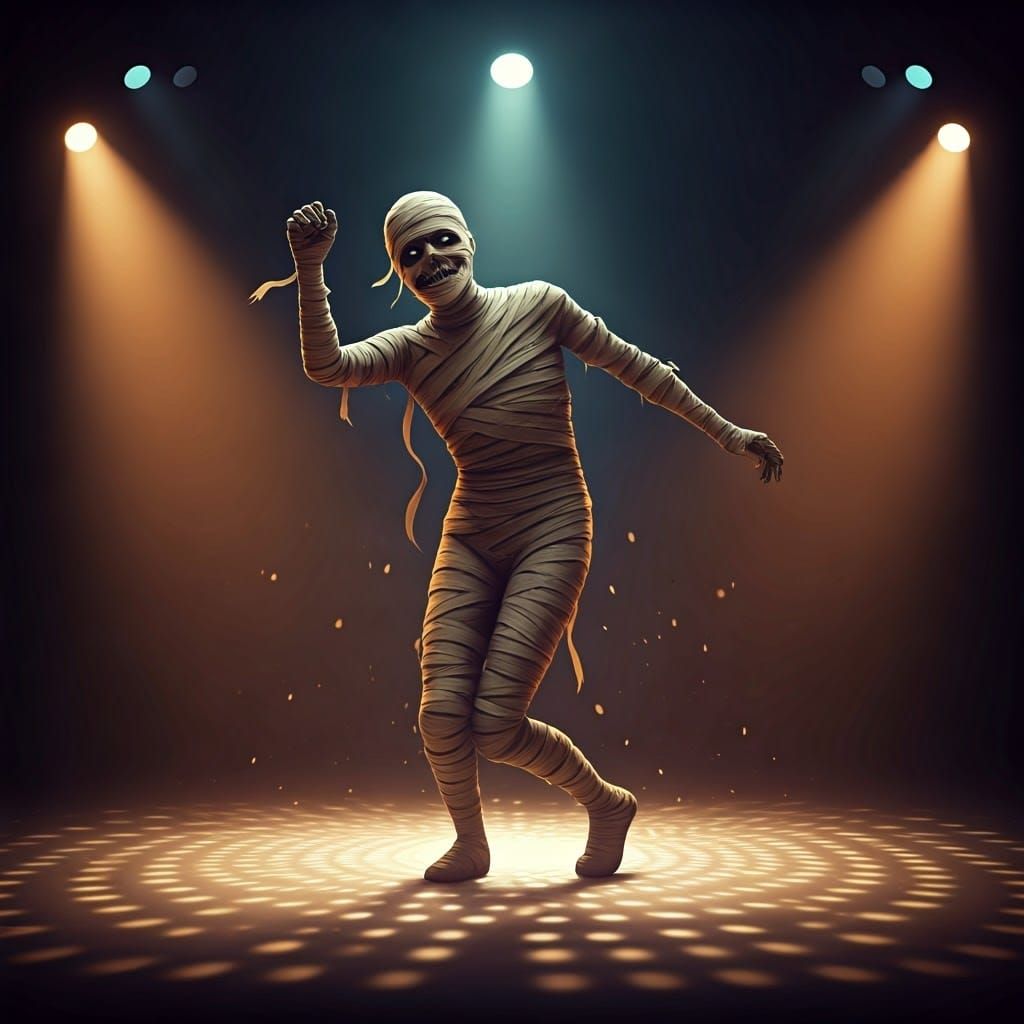 Dancing Mummy on Disco Floor in Retrofuturistic Style