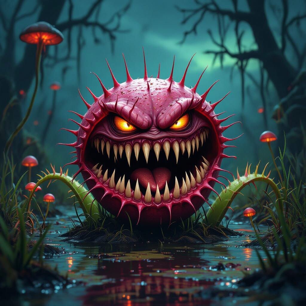 Grotesque Venus Flytrap in Swamp at Dusk