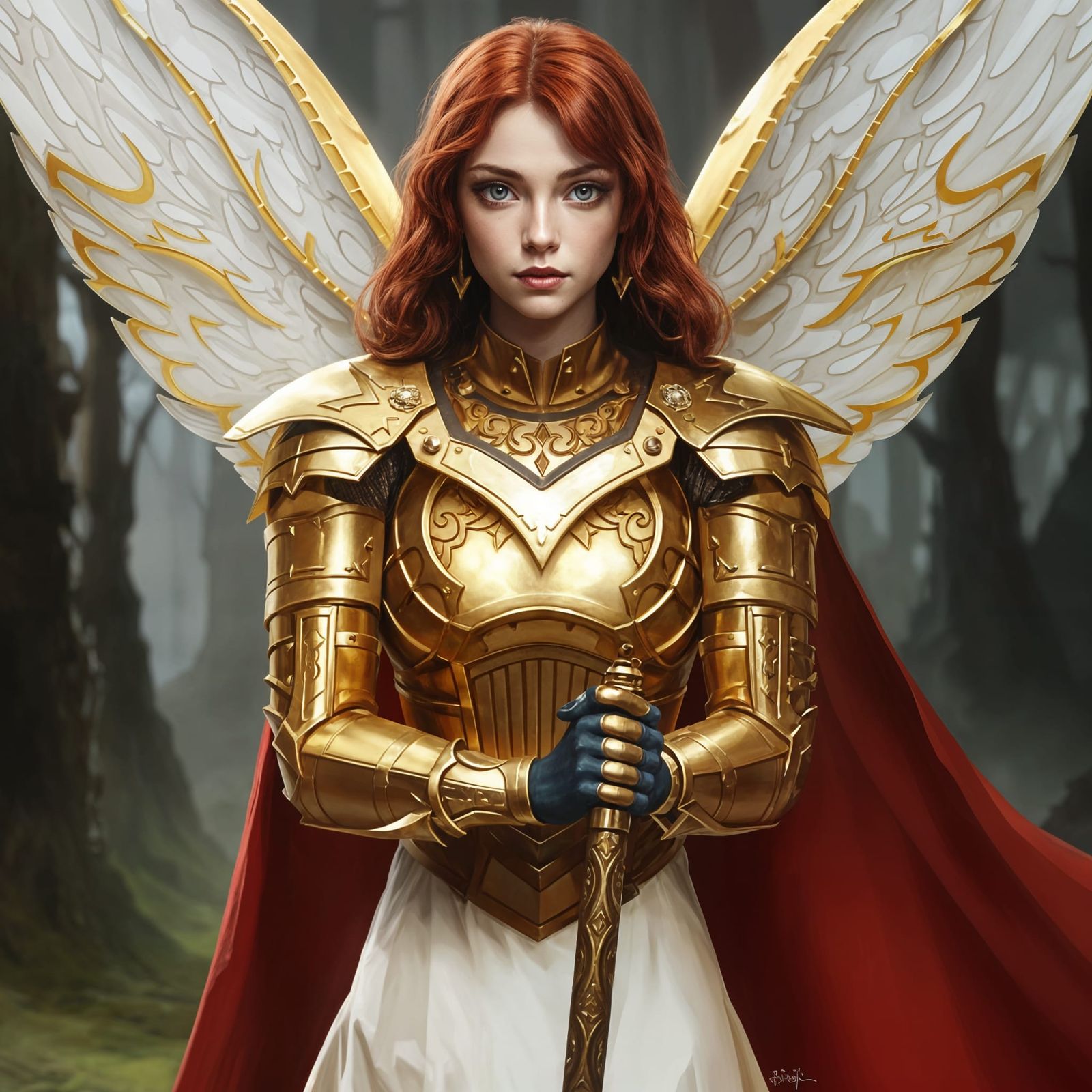 Ginger Angel in Gold Armor in Gothic Style