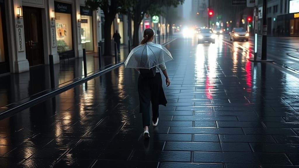 Rainy Street Scene with Reflections and Woman