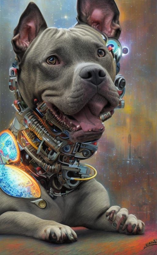 Cyborg Pitbull Dog Rescues Cat: Cosmic Illustration