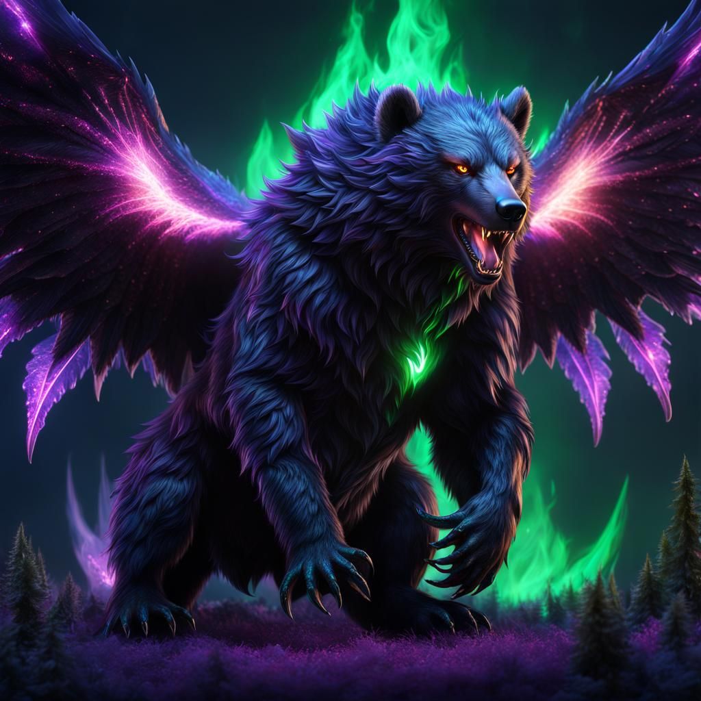 Winged Grizzly Bear Demon with Emerald Fur