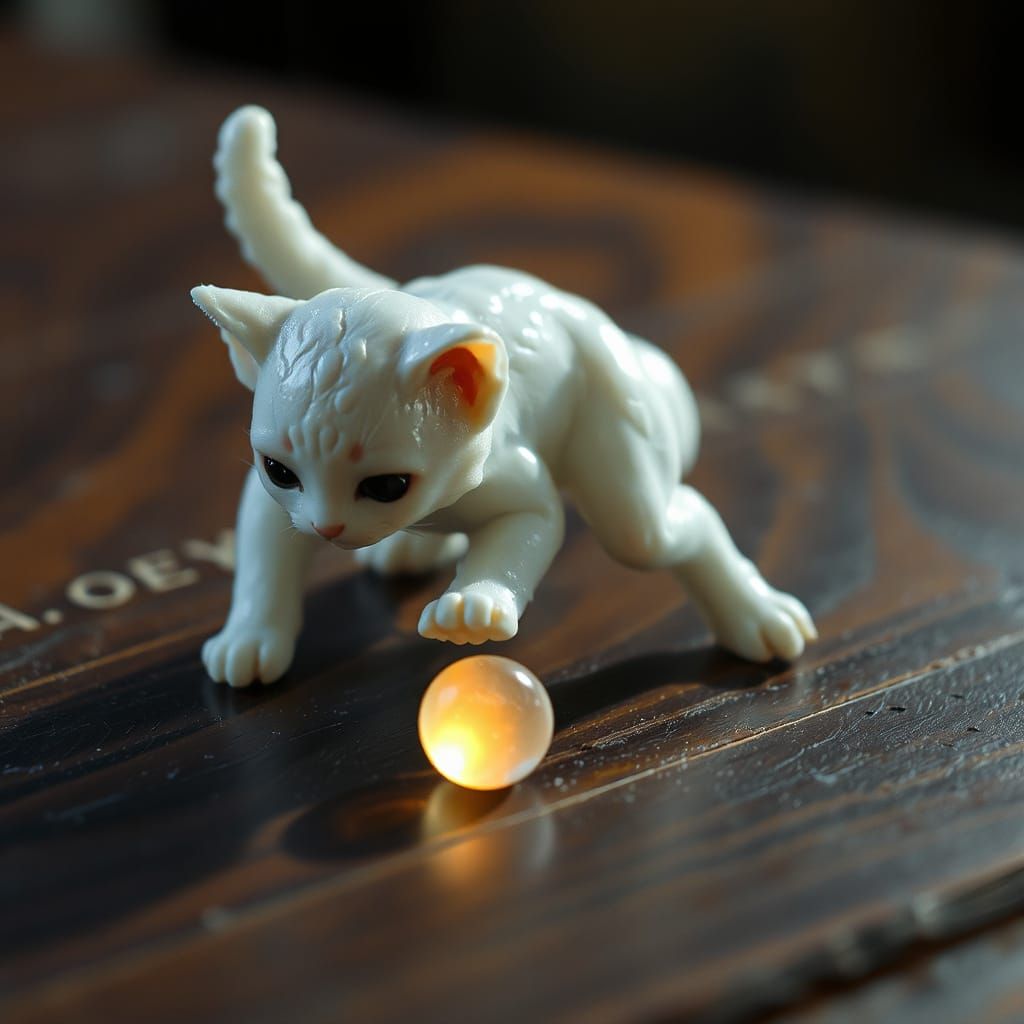 Iridescent Moonstone Kitten Reaching for Golden Light