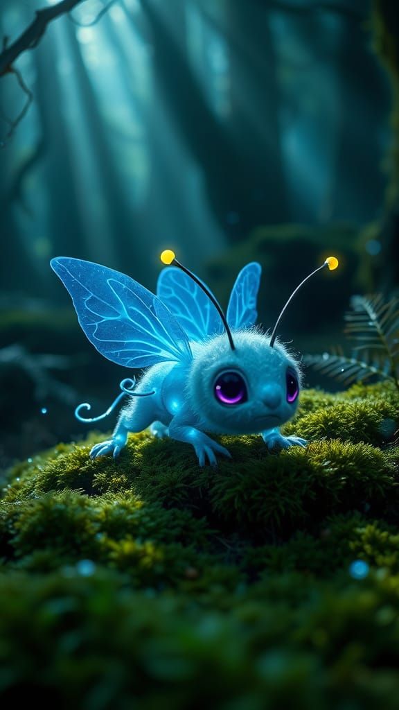 Fantasy Creature with Bioluminescent Wings in Enchanted Fore...