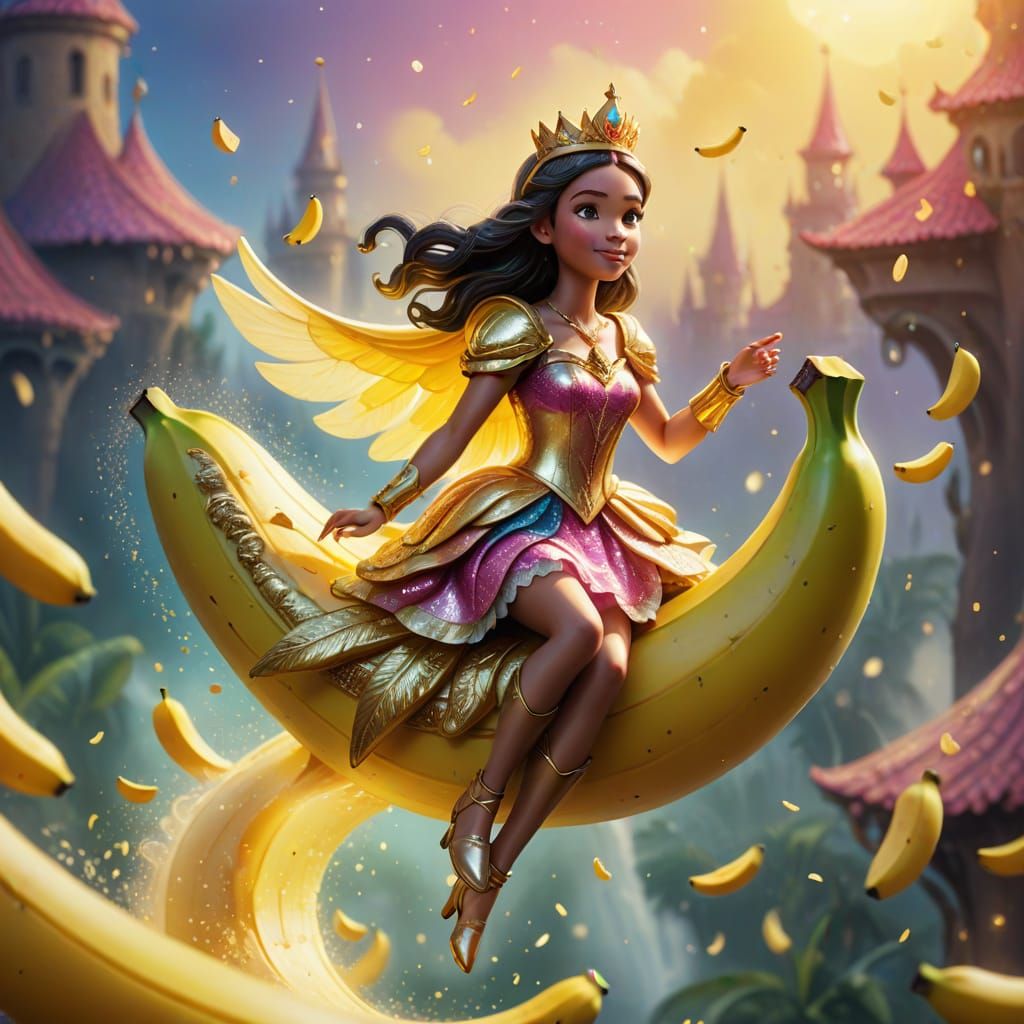 Princess Rides a Majestic Flying Banana in Whimsical Digital...