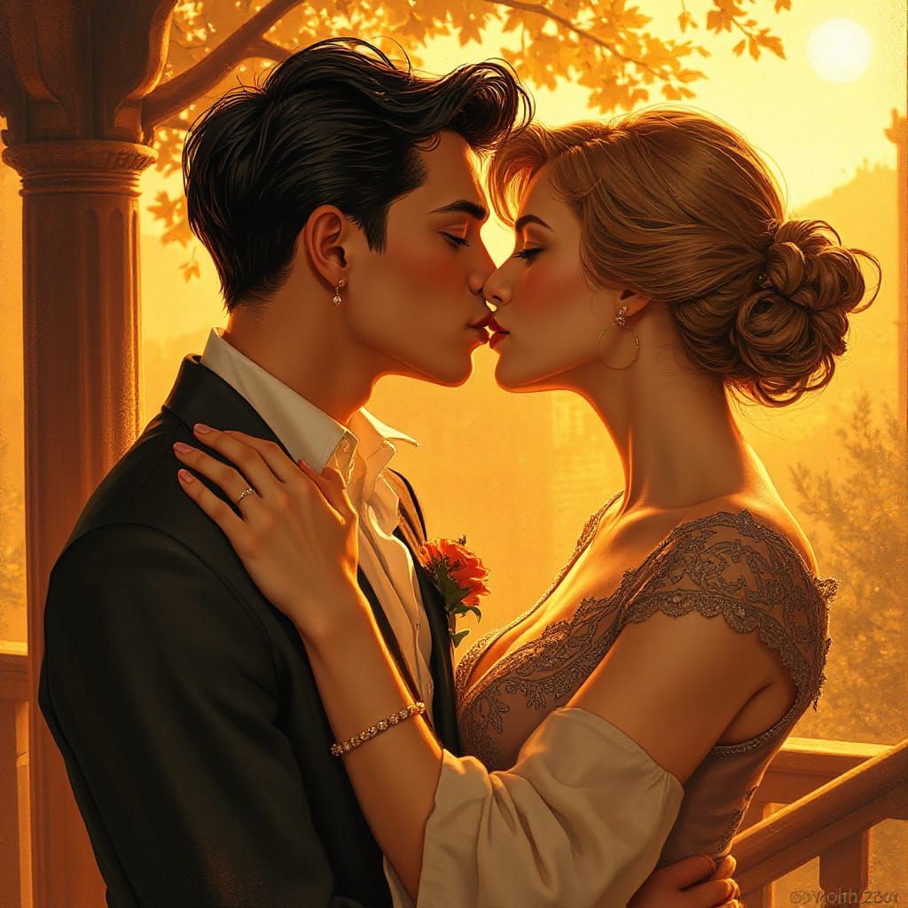 Romantic Kiss in Art Nouveau Style