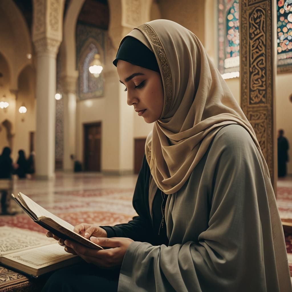 Niqab Woman Reading Quran in Mosque: Cinematic Still