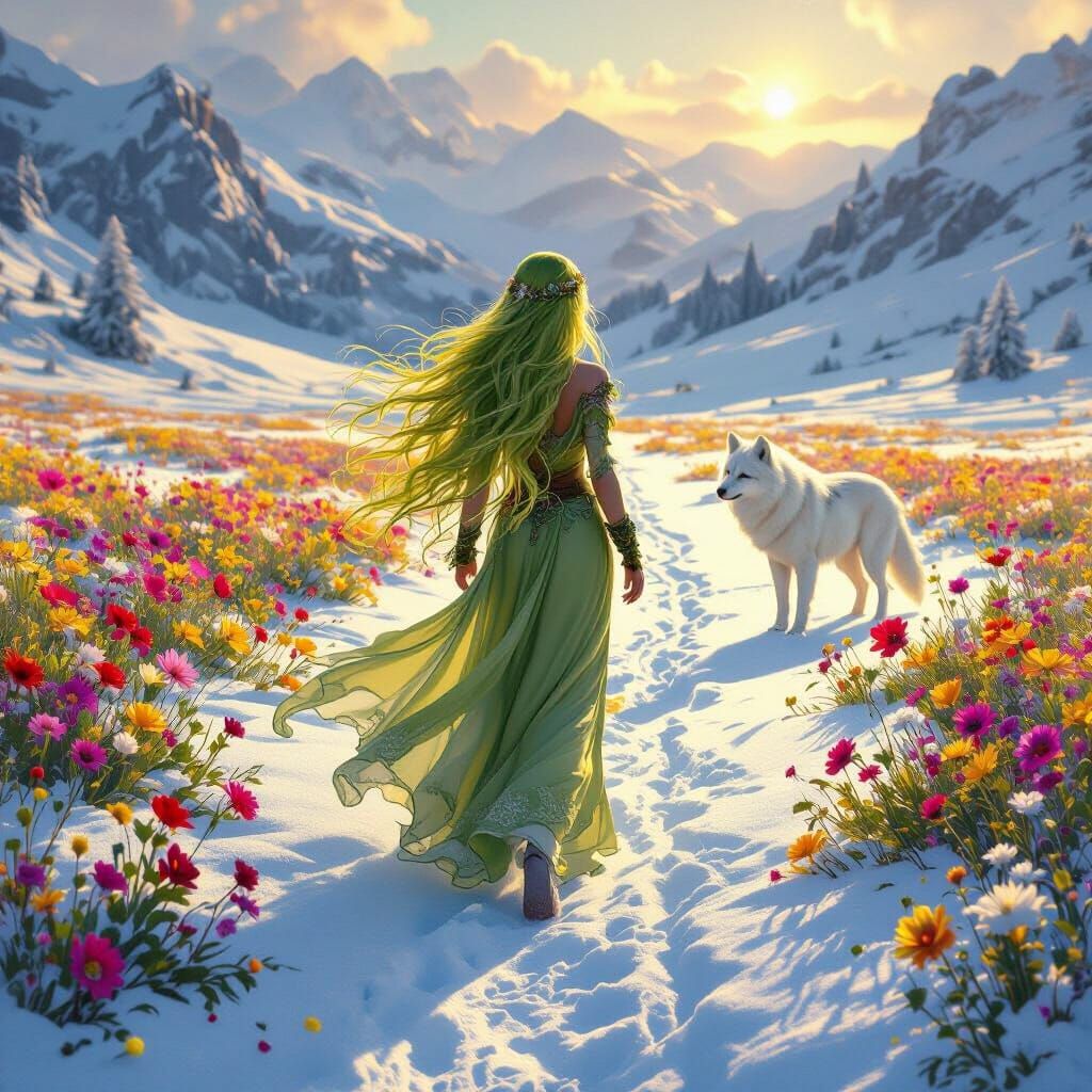 Dryad's Spring Magic in Snowy Landscape