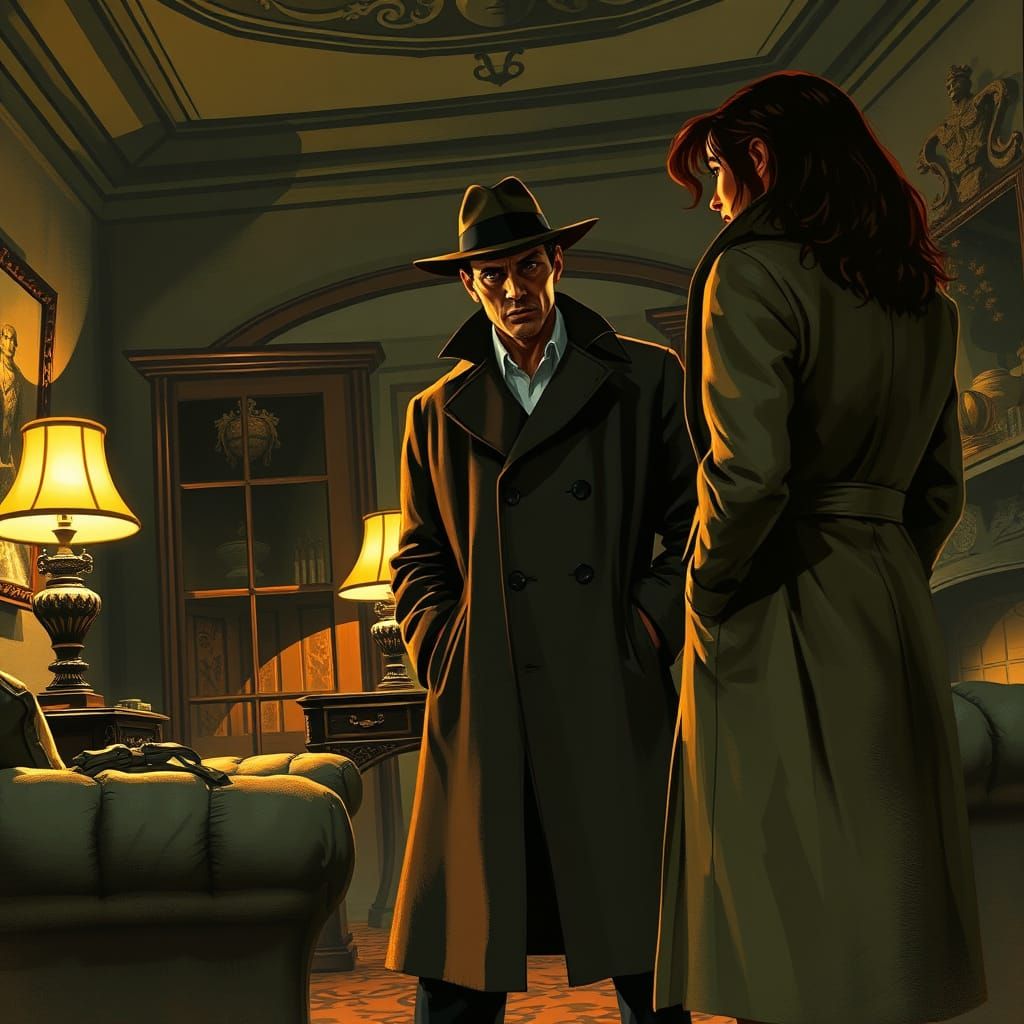 Private Eye Argument in Noir Graphic Novel Style