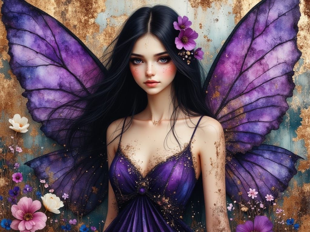 Hyperrealistic Fairy with Purple Wings in Encaustic Style
