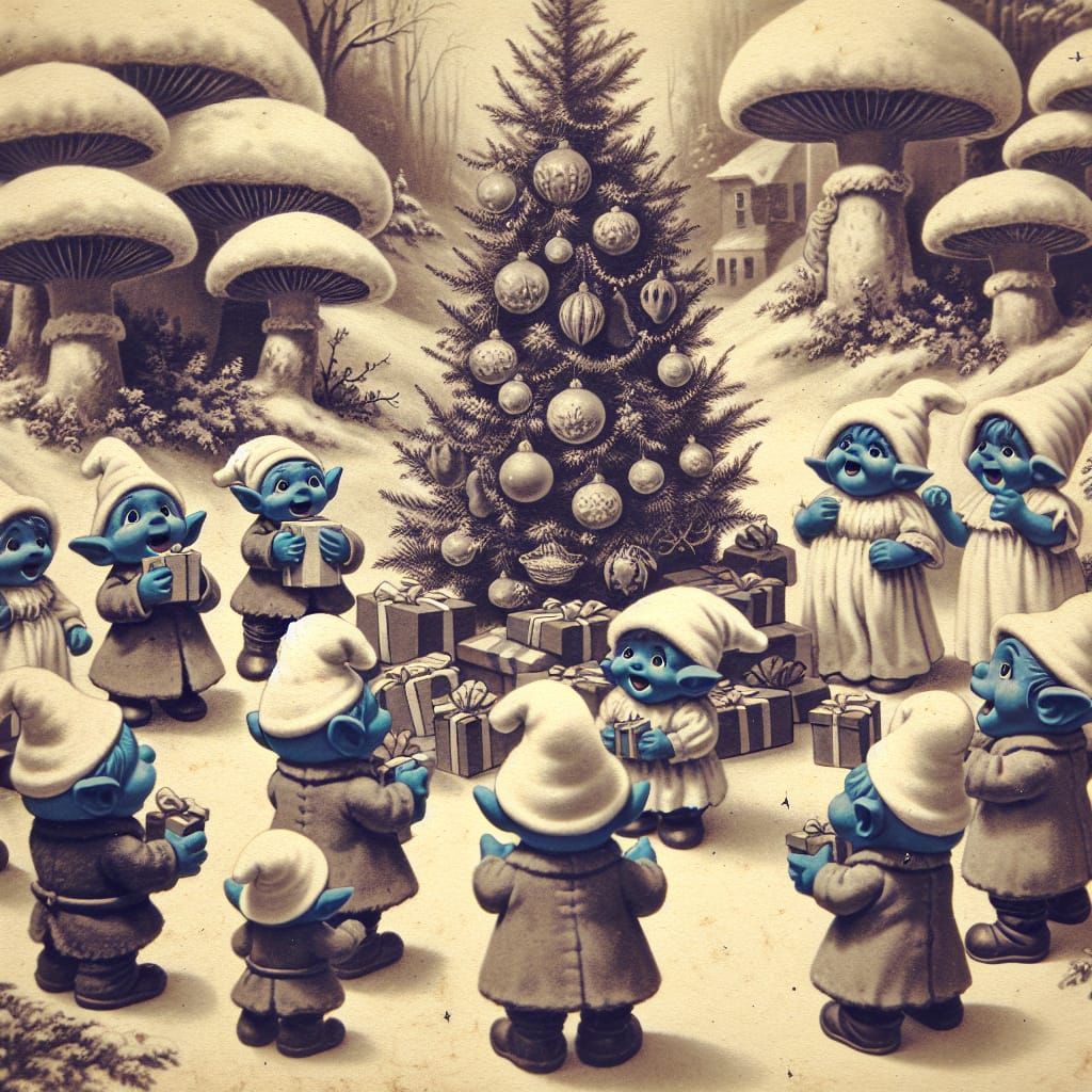 Vintage Christmas Scene with Blue Humanoids