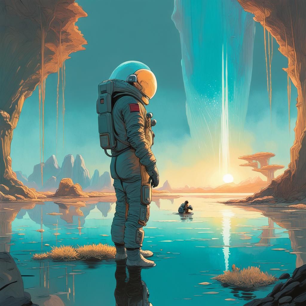 Astronaut in Bioluminescent Alien Landscape, Syd Mead-Inspir...