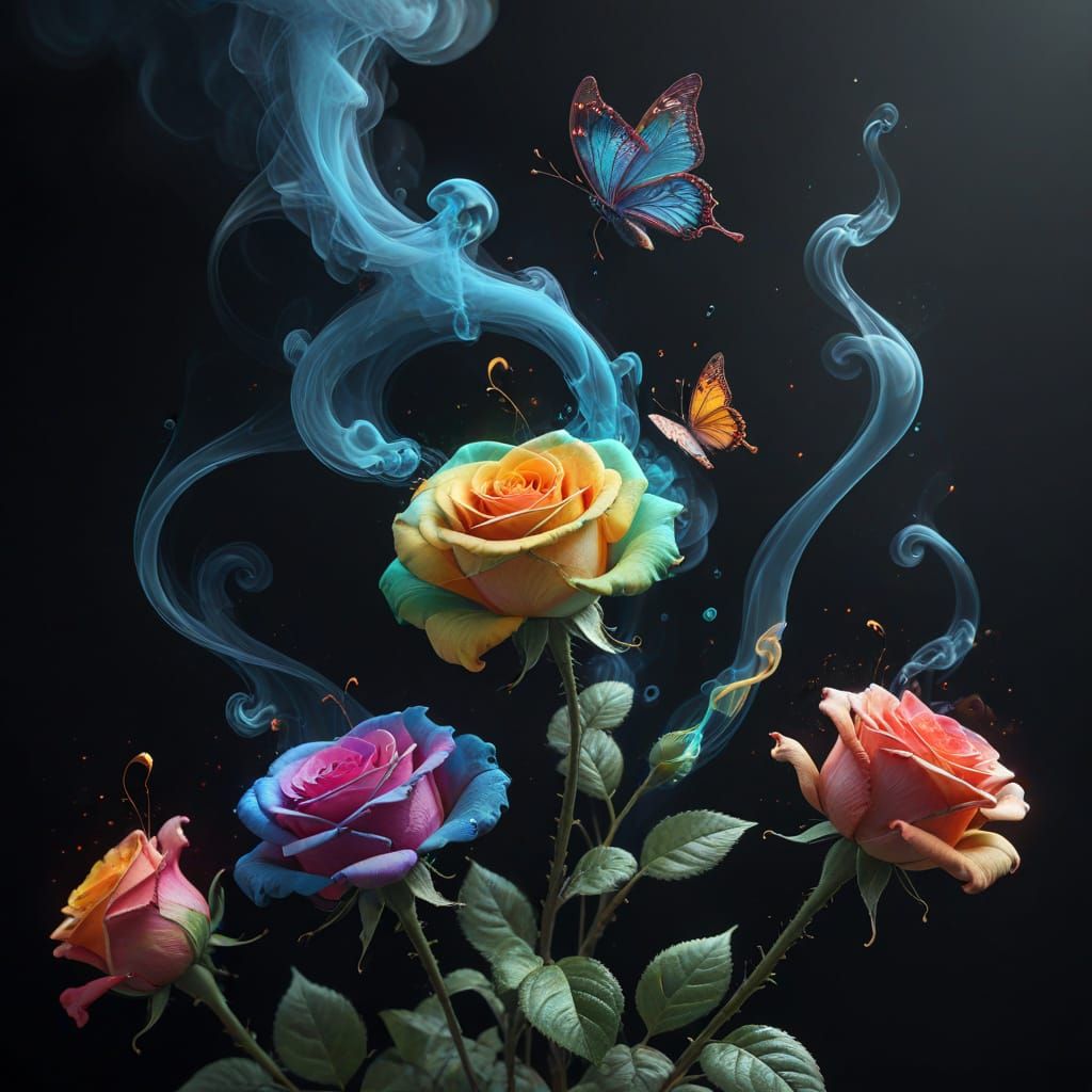 Rainbow Smoke Butterflies and Roses in 3D Render