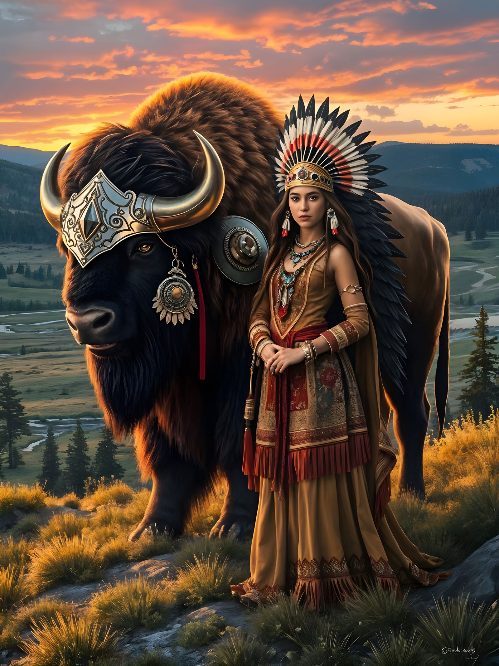Gemstone Bison Guarding Native American Princess