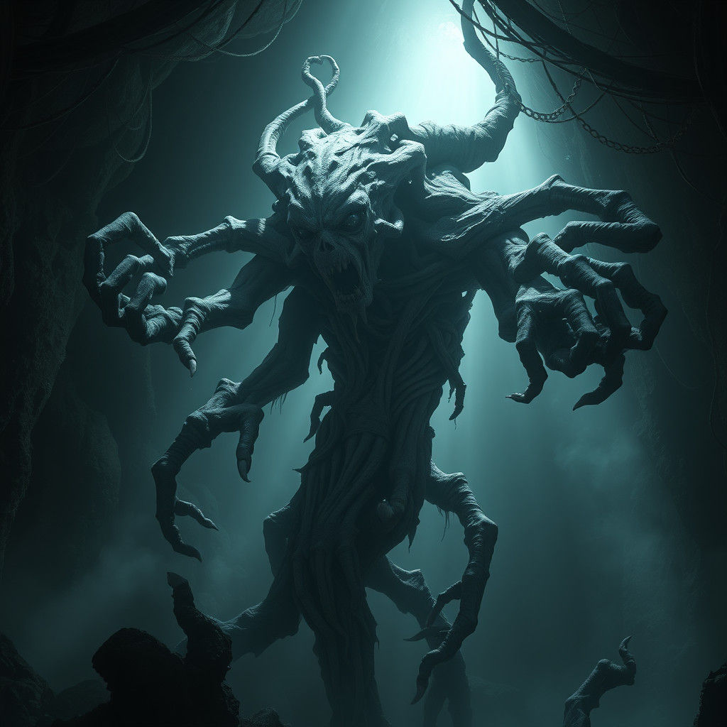 Elder Demon God in Cavernous Dark Fantasy Scene