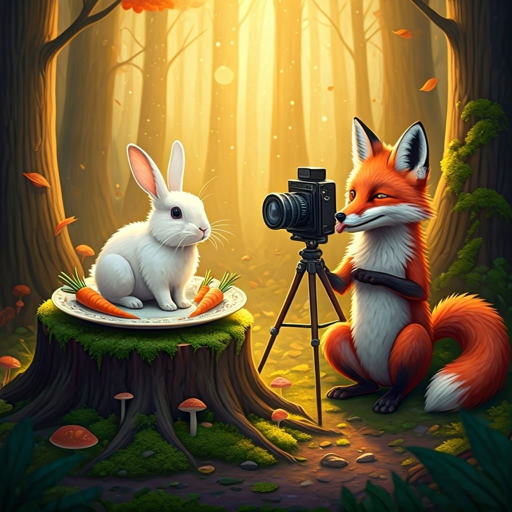 Whimsical Forest Feast: Rabbit, Fox, and Camera