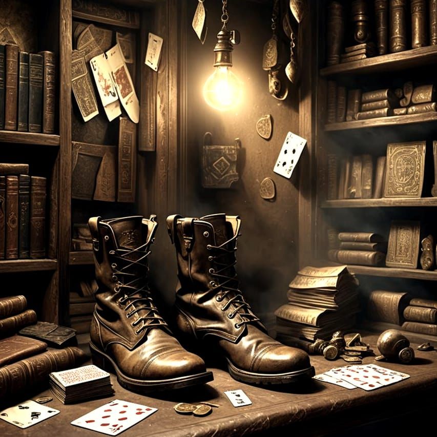 Old Leather Boots and Playing Cards Art