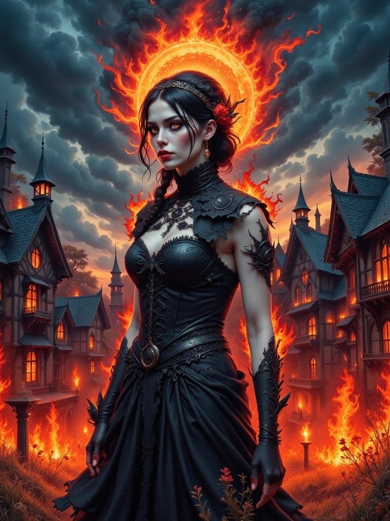 Gothic Apocalypse Goddess Radiating Love in Fiery Portrait