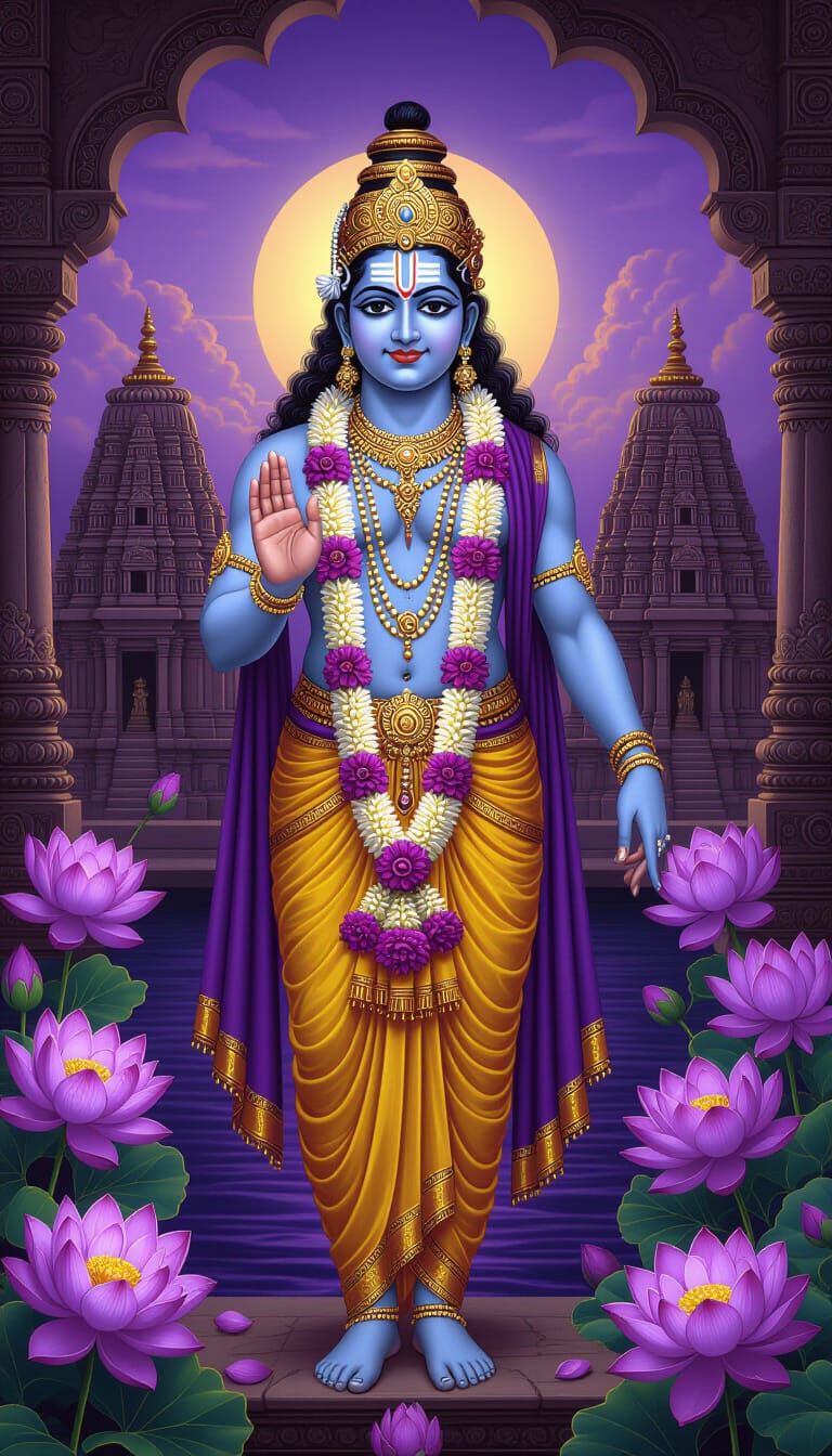 Shyam Baba with Lotus Flowers, in Classical Indian Style