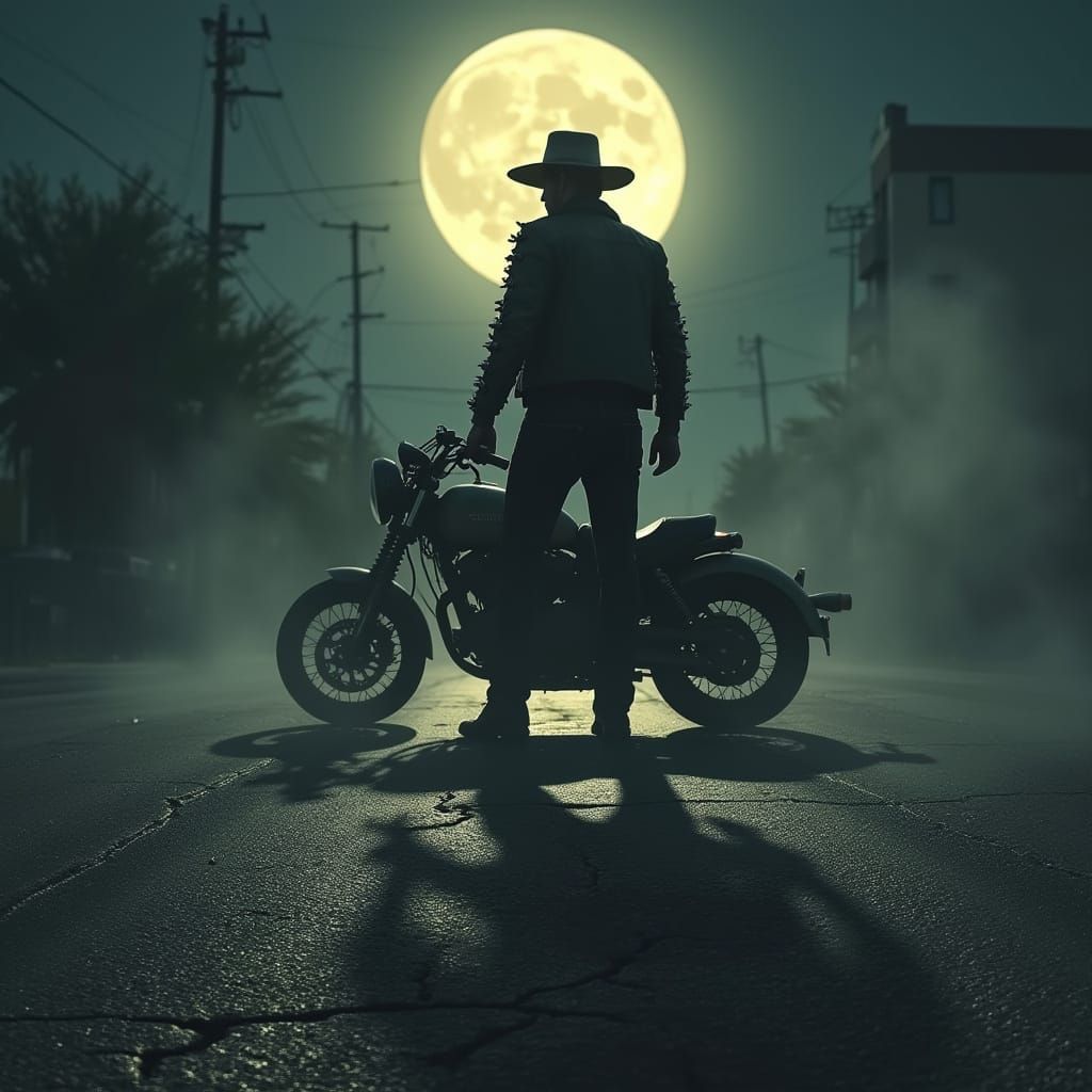 Biker Silhouette in Film Noir Style
