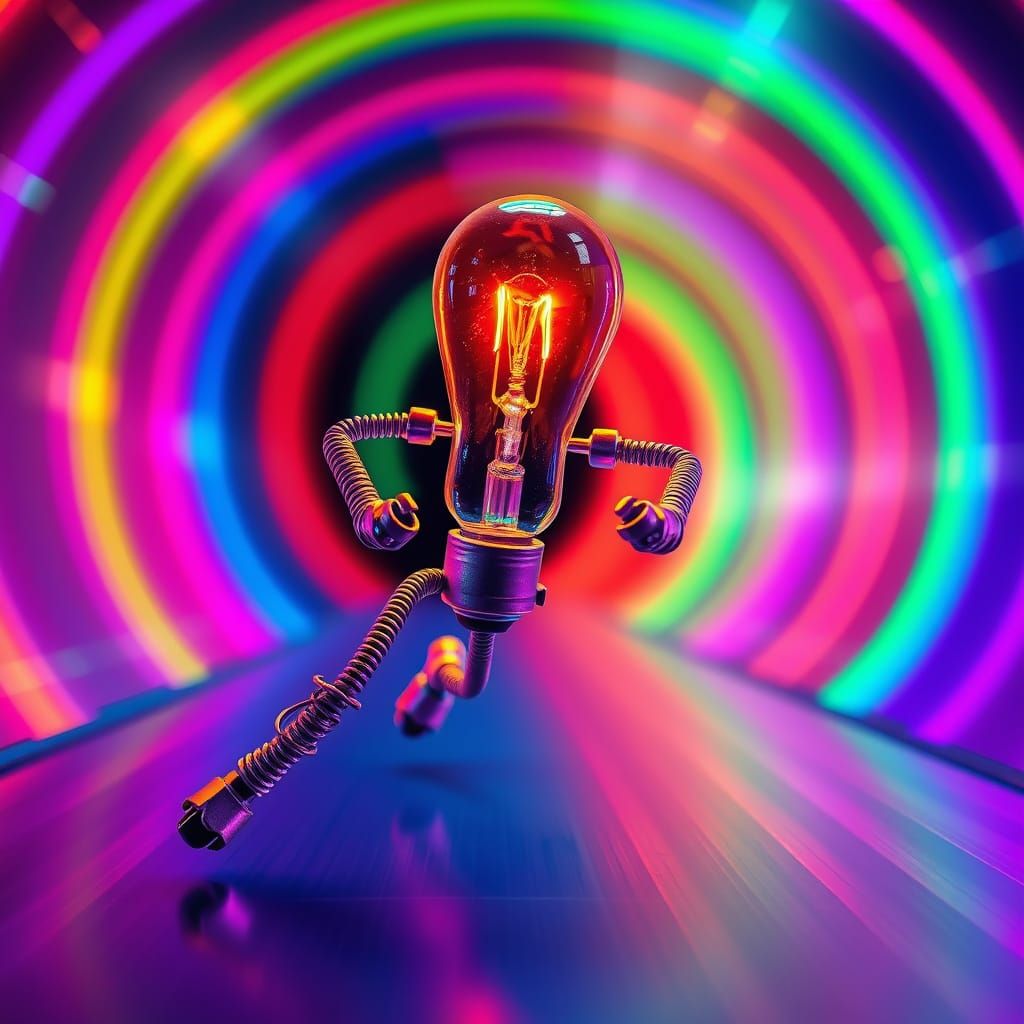 Racing Light Bulb Sprinter in Futuristic Neon Tunnel