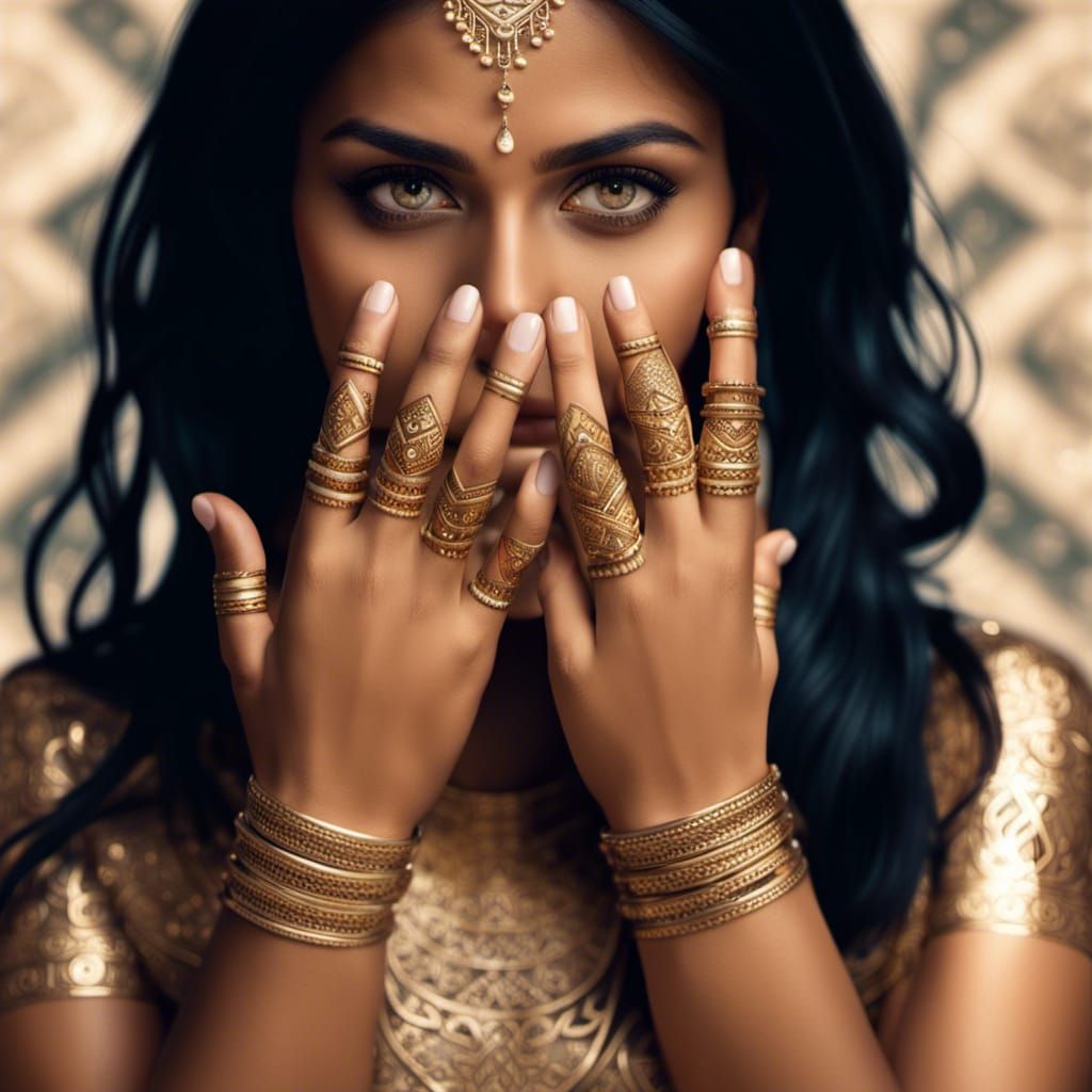 Indian Woman's Hands with Henna in Watercolor Style