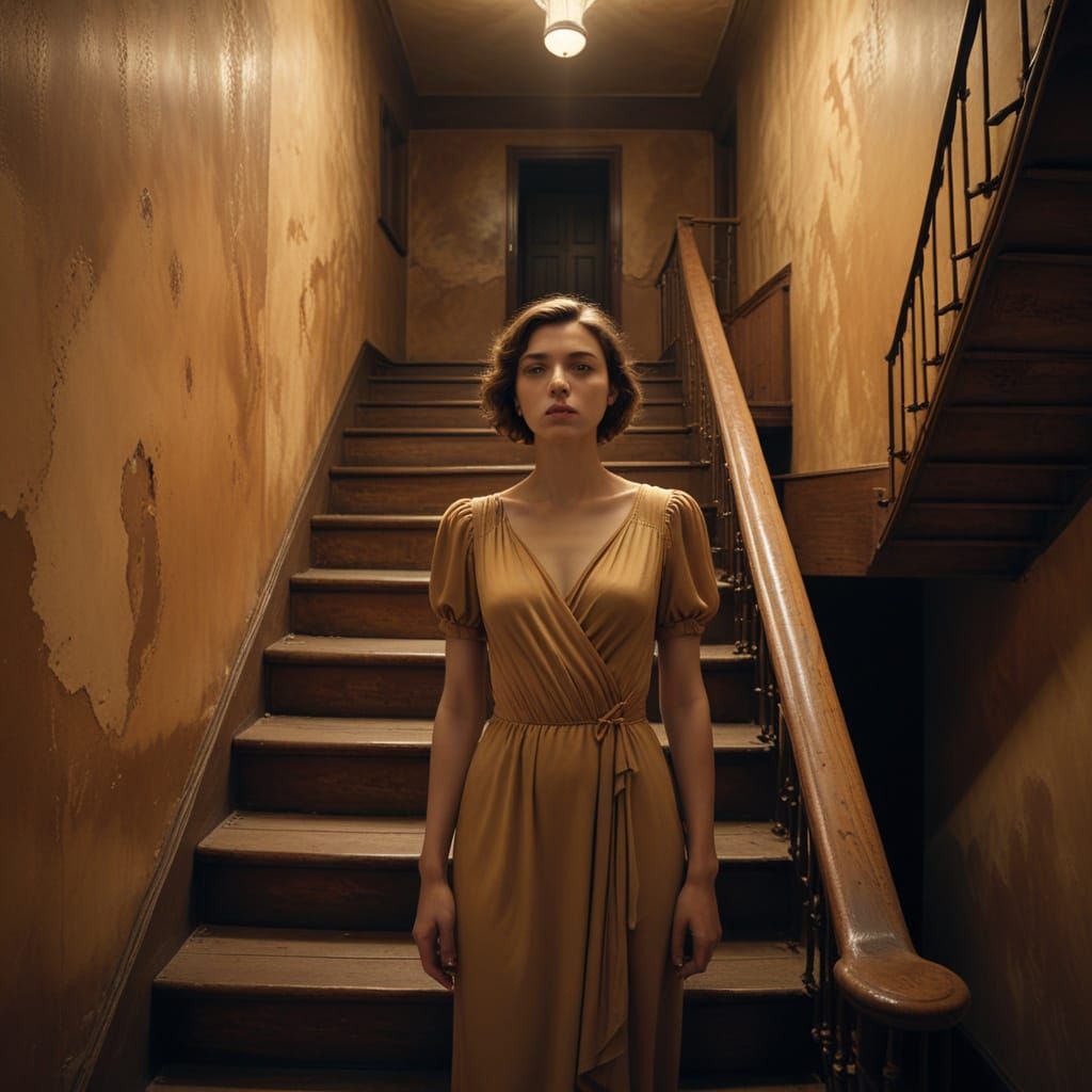 Surreal Woman Lost in Endless Staircase