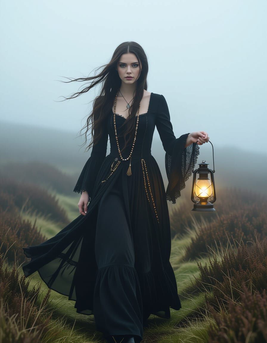 Moor Witch Guides Through Mist with Lantern
