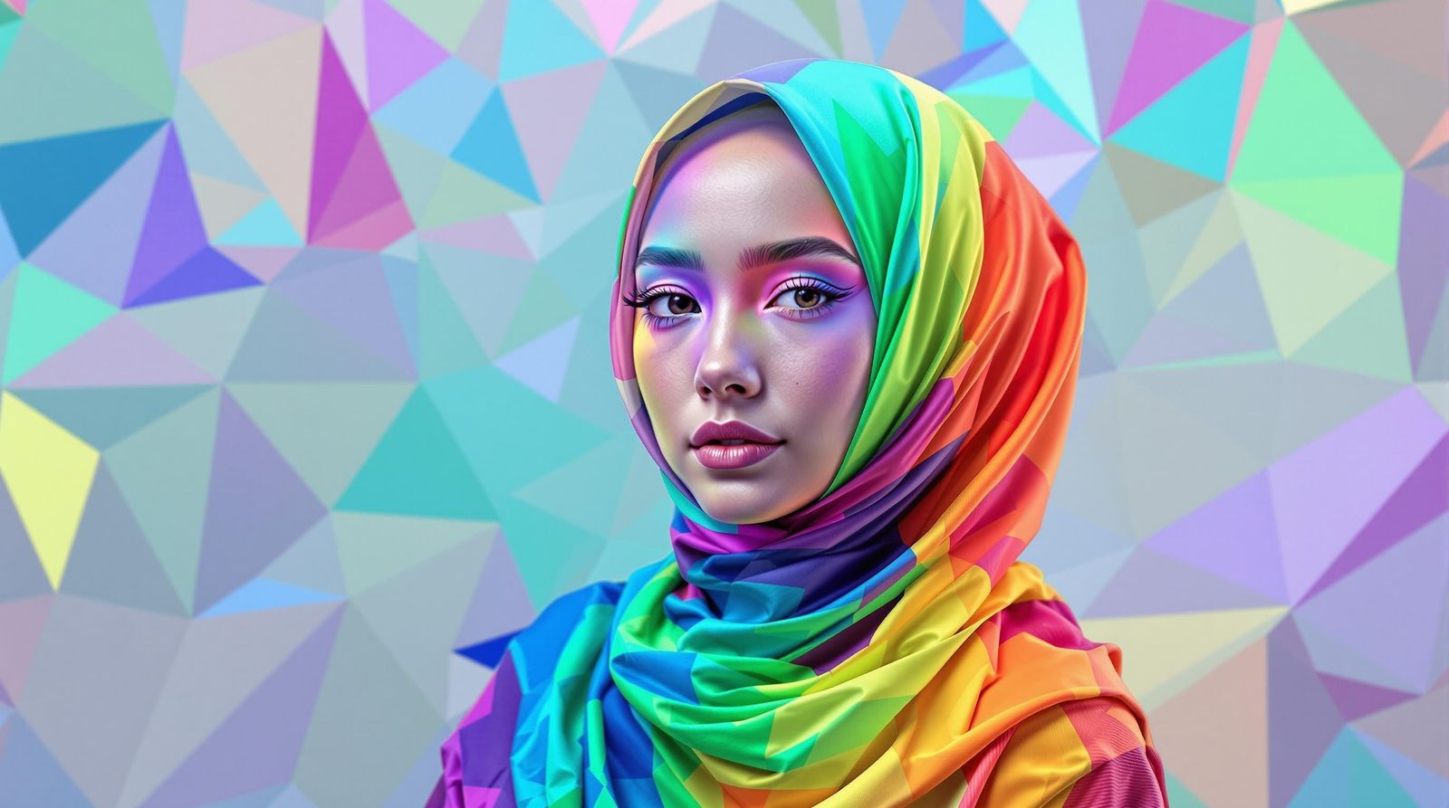 A rainbow hijab beautiful trans 8k resolution hyper real geometric bauhaus background