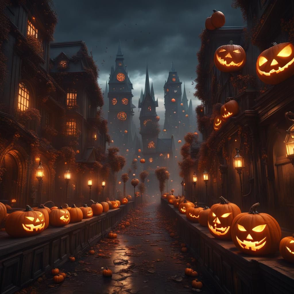 City Overrun by Jack-o'-Lanterns: Fantasy Concept Art