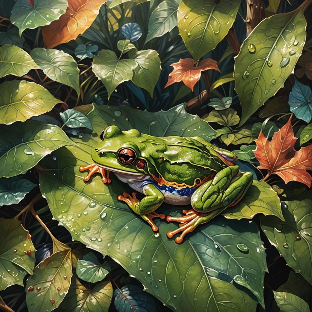 Tree Frog's Enchanted Voyage: Fantasy Oil Painting