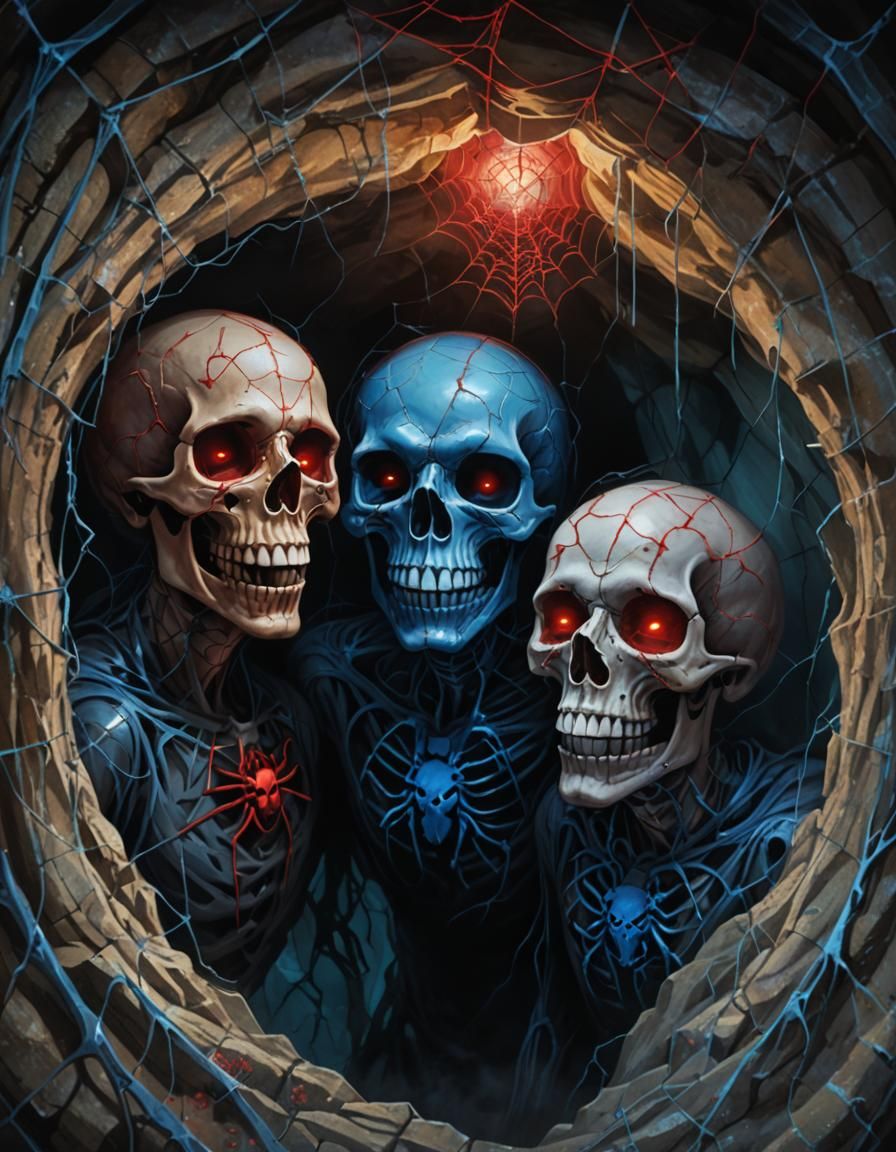 Surreal Skull and Faces in Mystical Cave