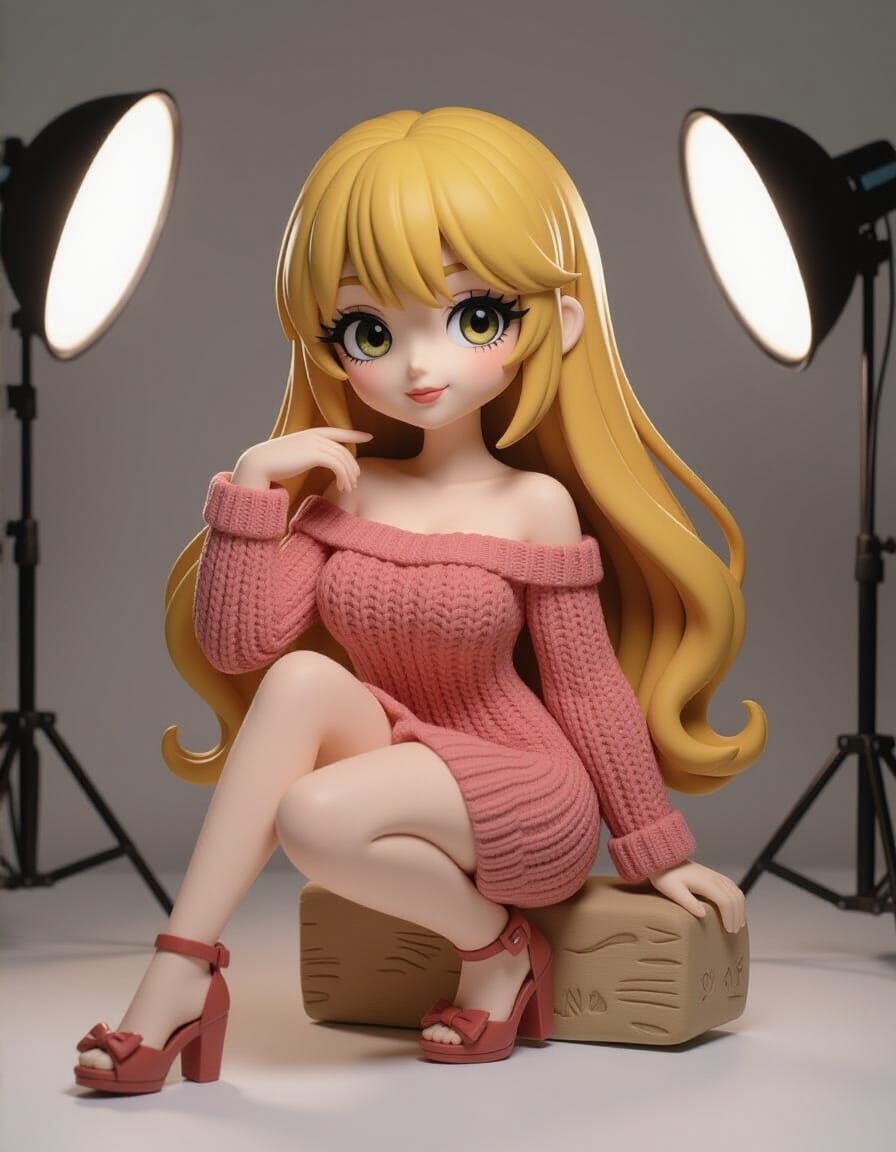 Anime Girl Clay Figurine in 3D Shaded Style
